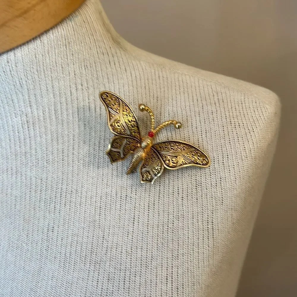 Vintage Damascene Butterfly Pin - Brooch Filigree Design Marked Spain